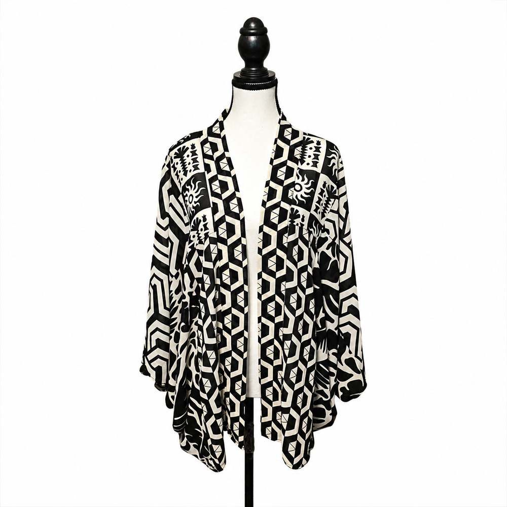 Rose + Olive Poncho Womens Plus Size 2X White Black Sheer Open Front Layering